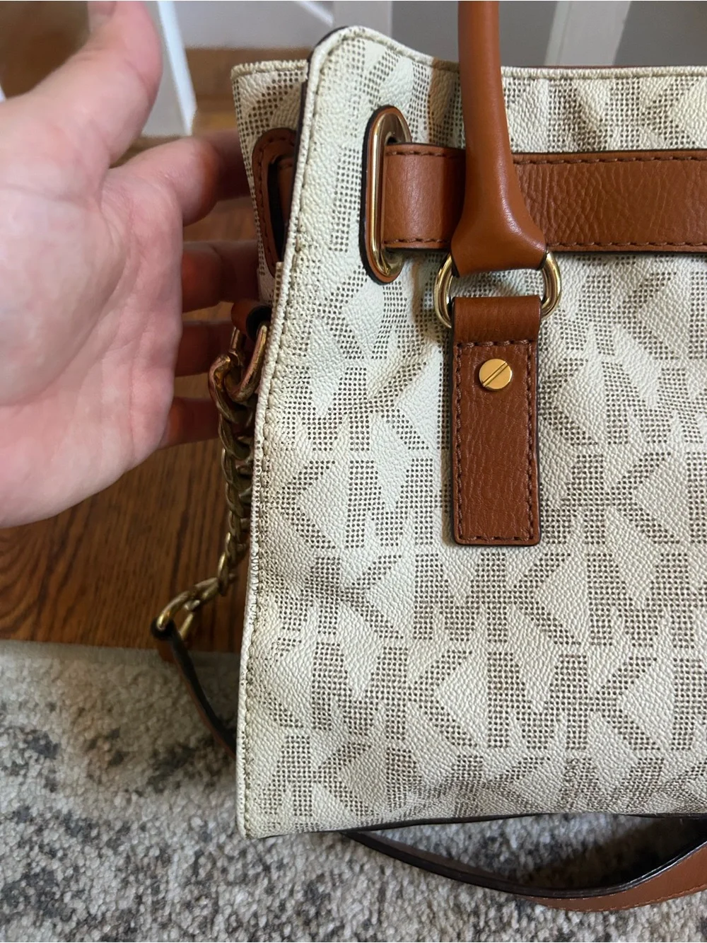 Michael Kors Cream and Tan Logo Satchel with Gold Hardware